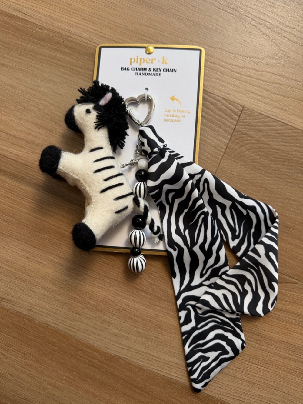NWT. Piper.K Black & White Zebra Plush Keychain & Bag Charm, OS